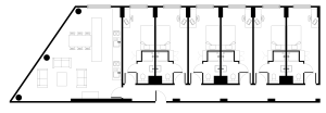 Modern apartment floor plan showcasing four bedrooms, expansive open-concept living and dining area, and sleek kitchen design.