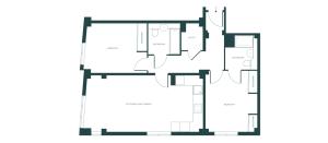 Contemporary floor plan showcasing 2 bedrooms, open kitchen/living/dining area, and two bathrooms with modern utility space.
