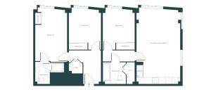 Contemporary floor plan showcasing 3 bedrooms, 2 bathrooms, and an expansive kitchen with living and dining space.