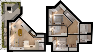 Elegant 3D floor plan showcasing a sleek open-concept living area, modern kitchen, and three cozy bedrooms with stylish bathrooms.