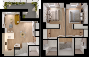 Modern 2D floor plan highlighting a stylish open-concept living area, sleek kitchen, and two cozy bedrooms with a spacious outdoor terrace.