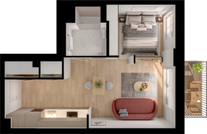 Chic floor plan showcasing a cozy bedroom, modern bathroom, elegant living area, and compact kitchen with a charming balcony.