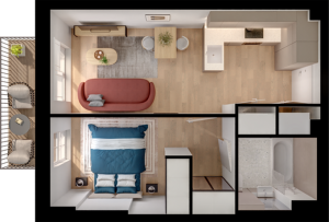 Chic apartment floor plan showcasing 1 bedroom, modern open-concept kitchen and living area, stylish bathroom, and cozy balcony.