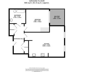 Modern ground floor layout featuring a spacious kitchen, cozy bedroom, and inviting balcony, covering 666 sq. ft.