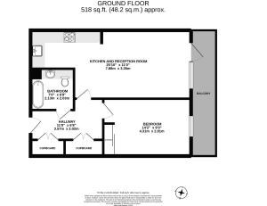 Elegant floor plan displaying a ground floor layout with 518 sq.ft., featuring a spacious kitchen and reception room, cozy bedroom, modern bathroom, and a lovely balcony.