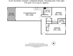 Modern floor plan of Flat 20, Kent Court, featuring 2 spacious bedrooms with wardrobes, kitchen/dining area, balcony, and ensuite bathroom, covering 770 sq.ft in Hounslow.