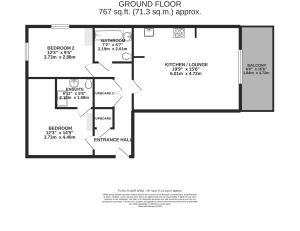 Modern floor plan featuring 2 spacious bedrooms, open kitchen/lounge area, balcony, and an ensuite bathroom within 767 sq. ft.