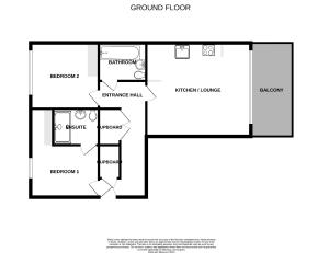 Elegant ground floor plan showcasing 2 bedrooms with ensuite, modern kitchen/lounge, and a spacious balcony.