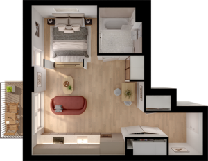 Modern 1-bedroom apartment layout featuring an open-concept living area, cozy kitchen, and luxurious bathroom, complete with a private balcony for outdoor relaxation.