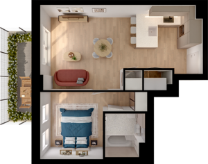 Charming floor plan of a modern one-bedroom apartment featuring an open-concept kitchen and living area, a cozy balcony with lush greenery, and a sleek bathroom.