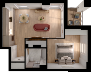 Elegant 1-bedroom apartment floor plan with open-concept living space, modern kitchen, cozy bedroom, and stylish bathroom.