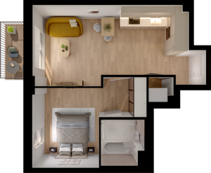 Chic one-bedroom apartment floor plan featuring an open-concept living area with a modern kitchen and cozy bedroom, complemented by a stylish bathroom and serene balcony space.