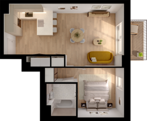 Elegant open-concept floor plan featuring a modern kitchen with island seating, cozy living area, and a spacious bedroom with adjacent bathroom.