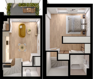 Modern duplex floor plan showcasing an elegant bedroom, open living and dining area, chic bathroom, and a charming balcony space.