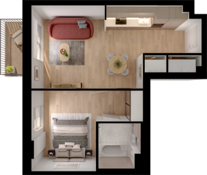 Inviting one-bedroom apartment floor plan featuring an open living area, modern kitchen, cozy bedroom, and sleek bathroom.