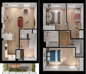 Elegant 3D floor plan highlighting a spacious two-story apartment with three bedrooms, open living area, modern kitchen, and a charming outdoor patio.