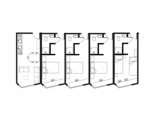 Modern 4-bedroom apartment floor plan with open living space and sleek kitchen layout.