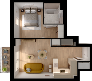 Chic 1-bedroom apartment floor plan featuring an inviting open-concept living area, modern kitchen, and balcony for relaxation.