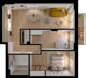 Modern 2D floor plan showcasing a stylish 2-bedroom apartment with an open-concept living and dining area, cozy living room, elegant bathroom, and inviting outdoor deck space.