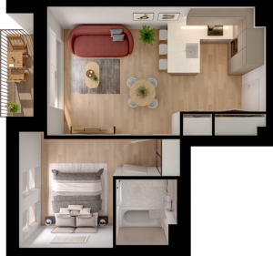 Chic floor plan showcasing a cozy 1-bedroom with an inviting open-concept living area, modern kitchen with bar seating, and a sunlit balcony space.