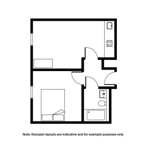 Chic 2D floor plan showcasing a 1-bedroom apartment with a cozy living area, modern kitchen, and sleek bathroom layout.