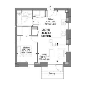 Charming 1-bedroom apartment floor plan featuring a spacious living area, modern kitchen, and a cozy balcony, total 521.94 sq ft.