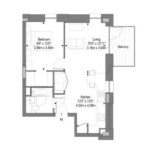 Elegant 2D floor plan showcasing a cozy 1-bedroom apartment with an open living area, modern kitchen, private balcony, and stylish bathroom.