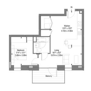 Chic floor plan showcasing a spacious one-bedroom layout with an open living area, modern kitchen, and inviting balcony.