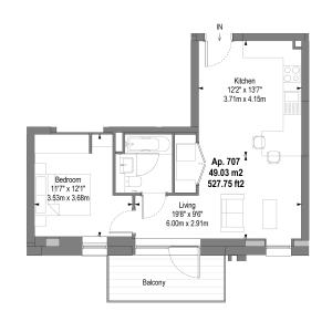 Modern apartment floor plan for Ap. 707 featuring one spacious bedroom, a sleek kitchen, cozy living area, and a charming balcony, totaling 527.75 sq ft.