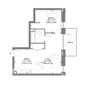 Contemporary floor plan showcasing an inviting living area, functional kitchen, spacious bedroom, and private balcony.