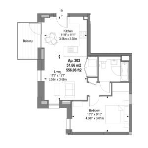 Chic apartment floor plan showcasing 1 bedroom, open living space, a modern kitchen, cozy balcony, and spacious bath, totaling 556 sq ft.