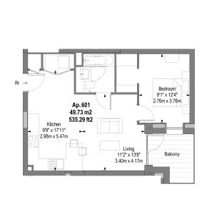 Modern floor plan showcasing a spacious 1-bedroom apartment with open kitchen and living area, complete with a private balcony, totaling 535.29 sq ft.