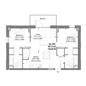 Modern floor plan of Apartment 505 featuring 2 bedrooms, spacious living area, kitchen, and balcony, covering 69.12 m2 or 744.00 ft2.
