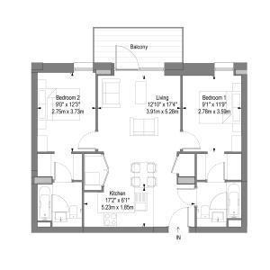 Chic apartment floor plan featuring 2 bedrooms, a spacious living area, modern kitchen, and a balcony for outdoor relaxation.