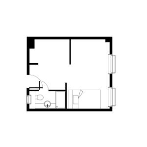 Cozy 1-bedroom floor plan with a compact bathroom and ample space for personalization.
