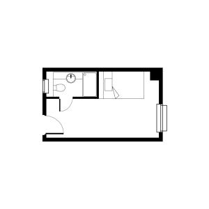 Compact floor plan showcasing a stylish studio layout with a modern bathroom and cozy sleeping area.