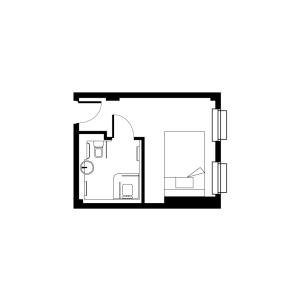 Compact and efficient studio apartment floor plan with a spacious bathroom and a cozy sleeping area.