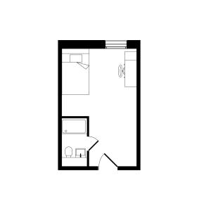 Compact studio floor plan featuring a cozy sleeping area, efficient kitchenette, and full bathroom.