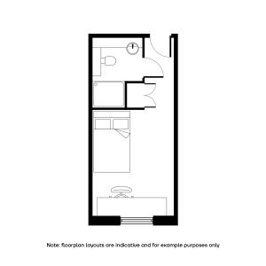 Compact and efficient studio apartment floor plan featuring a cozy sleeping area, convenient bathroom, and ample storage.