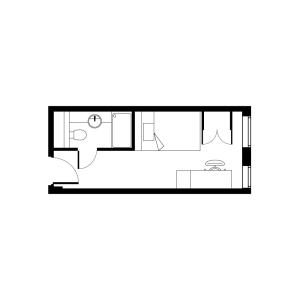 Compact 2D floor plan showcasing a cozy studio layout with bedroom, private bathroom, and functional workspace.