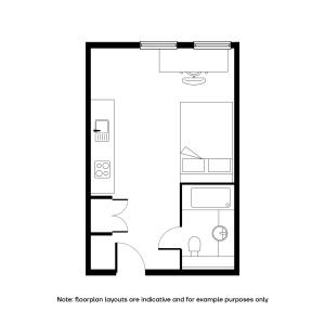 Efficient studio apartment floor plan featuring a modern kitchen, cozy sleeping area, and a well-appointed bathroom. Perfect for city living.
