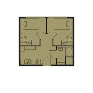 Compact floor plan illustrating two cozy bedrooms, a modern kitchen, and a well-appointed bathroom, optimized for efficient urban living.
