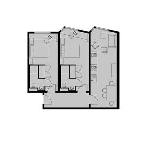 Modern floor plan with two spacious bedrooms, an open kitchen, and a cozy living area, designed for comfortable living.
