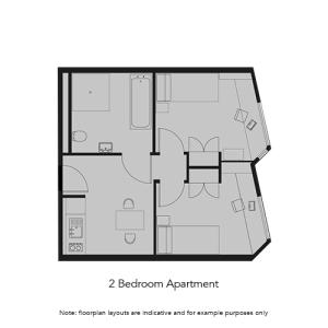 Modern 2D floor plan of a 2 bedroom apartment featuring a sleek kitchen, cozy living area, and contemporary bathroom layout.