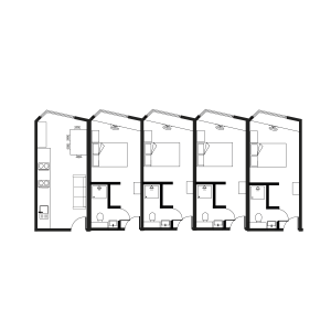 Contemporary floor plan showcasing four one-bedroom units, each with private bathroom and compact living area.