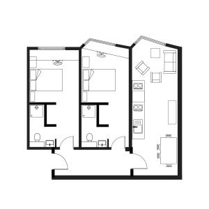 Modern 2D floor plan showcasing 2 cozy bedrooms, 2 sleek bathrooms, and an open-concept living, dining, and kitchen area, perfect for contemporary living.