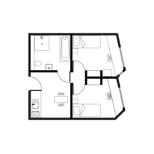 Contemporary 2D floor plan showcasing two cozy bedrooms, a modern kitchen, and an inviting living-dining area with natural light.
