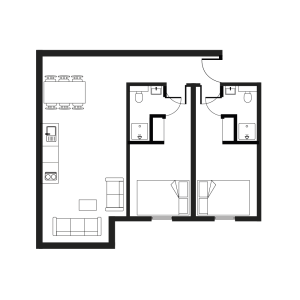 Modern floor plan showcasing 2 spacious bedrooms, a sleek open kitchen, vibrant dining area, and cozy living space.