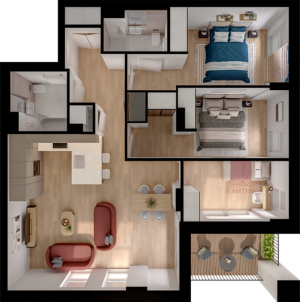 Elegant floor plan showcasing 3 bedrooms, open-concept living area, modern kitchen, and cozy balcony.