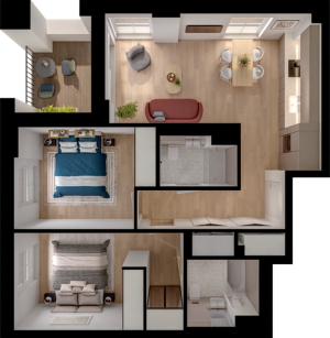 Modern 3D floor plan showcasing two spacious bedrooms, an inviting living room, sleek kitchen, and two elegant bathrooms with contemporary fixtures.